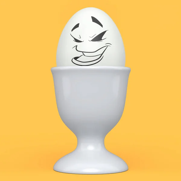 黄色の背景に朝食のための陶器の卵カップの表情と面白い顔を持つファームホワイト塗装卵 感情を持つグリーティングと招待状のためのイースターエッグテンプレートデザインの3Dレンダリング — ストック写真