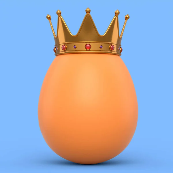青い背景に金の王室の王冠を持つファーム有機茶色の卵 新鮮な鶏の卵や朝の朝食の3Dレンダリングと贅沢の概念 富と帝国の力 — ストック写真