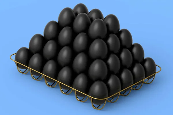 Luxus Schwarze Eier Stehen Pyramide Metallschale Oder Pappkarton Isoliert Auf — Stockfoto