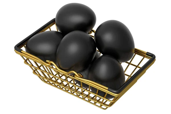 Luxe Zwarte Eieren Metalen Mandje Papier Karton Geïsoleerd Witte Achtergrond — Stockfoto