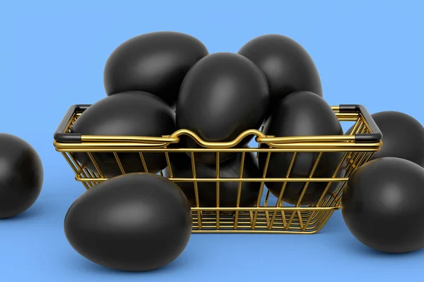 Metal Sepetteki Lüks Siyah Yumurtalar Mavi Arka Planda Izole Edilmiş — Stok fotoğraf