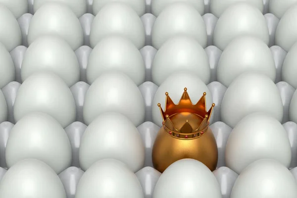 Haufen Weißer Hühnereier Und Einzigartiges Goldenes Königlicher Königskrone Auf Weißem — Stockfoto