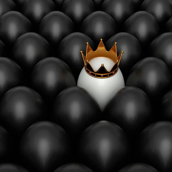 農場の黒鶏の卵と白の背景に金の王室の王冠のユニークな白い卵のヒープ イースターの概念の3Dレンダリングやブラックフライデー 富と帝国の力 — ストック写真