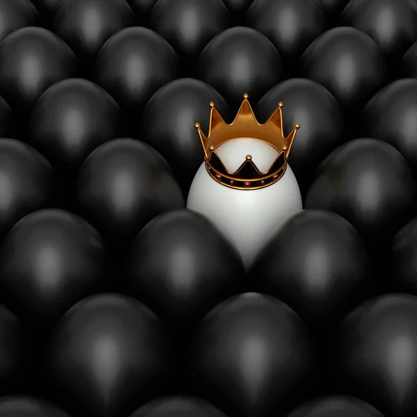 農場の黒鶏の卵と白の背景に金の王室の王冠のユニークな白い卵のヒープ イースターの概念の3Dレンダリングやブラックフライデー 富と帝国の力 — ストック写真