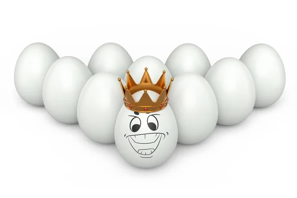 農場の白い鶏の卵と面白い顔と白い背景に金冠とユニークな卵のキュー イースターの概念の3Dレンダリングやブラックフライデー 富と帝国の力 — ストック写真