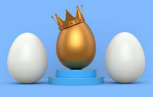 Beyaz Tavuk Yumurtaları Sıra Sıra Eşsiz Altın Yumurta Kraliyet Tacında — Stok fotoğraf