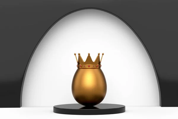 Einzigartiges Goldenes Hühnerei Königlicher Königskrone Auf Podium Und Weißem Hintergrund — Stockfoto