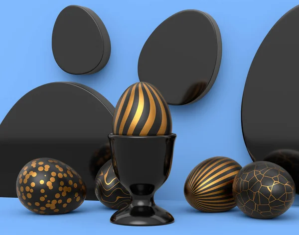 Gouden Zwarte Paaseieren Het Podium Verspreide Eieren Blauwe Achtergrond Weergave — Stockfoto