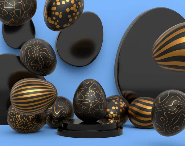 Kürsüde Altın Siyah Paskalya Yumurtası Mavi Arka Planda Dağınık Yumurtalar — Stok fotoğraf