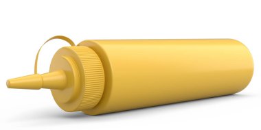 Plastic bottle of mustard sauce isolated on white background. 3d render sauce for chicken nuggets and potato wedge flying
