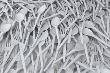 Heap of disposable utensils like spoon, fork and knife on white background. 3d render concept of save the earth and zero waste