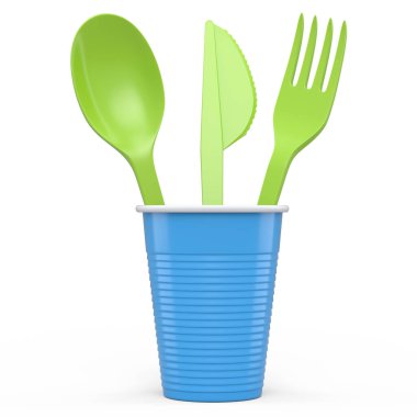 Set of disposable utensils like spoon, fork, knife and cup on white background. 3d render concept of save the earth and zero waste