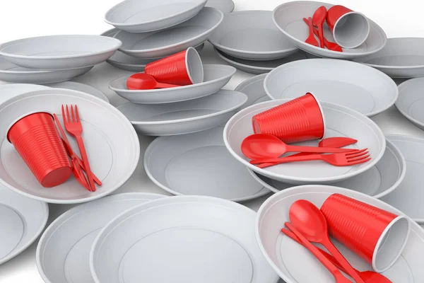 Heap Disposable Utensils Plate Folk Spoon Knife Cup White Background — Stock fotografie