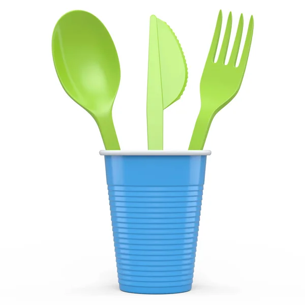 Set Disposable Utensils Spoon Fork Knife Cup White Background Render —  Fotos de Stock
