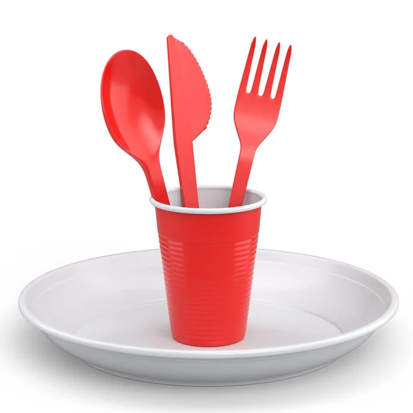 Set Disposable Utensils Plate Folk Spoon Knife Cup White Background — Stockfoto