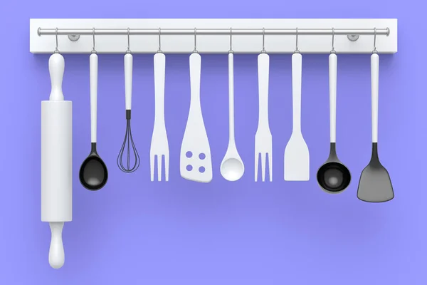 Комплект Кухонной Утвари Приготовления Теста Висит Полке Фиолетовом Фоне Визуализации — стоковое фото