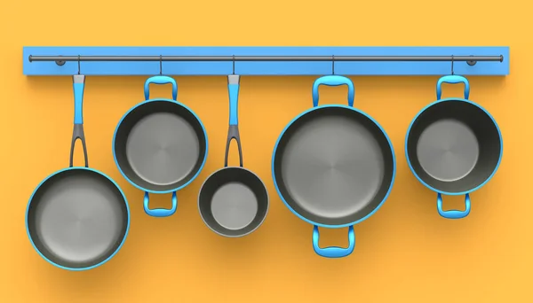 オレンジの背景に棚にかかっているステンレス製の鍋 フライパン クロムメッキアルミ調理器具のセット 非スティックキッチン用品の3Dレンダリング — ストック写真