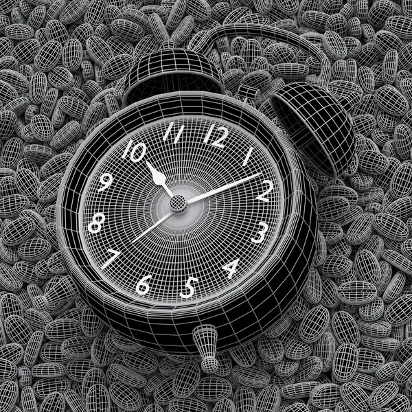 ローストコーヒー豆とヴィンテージ目覚まし時計は白い背景に広がっています 可視線と非表示線のレイヤーの3Dレンダリングコンセプトが分離され ワイヤフレームスタイル — ストック写真