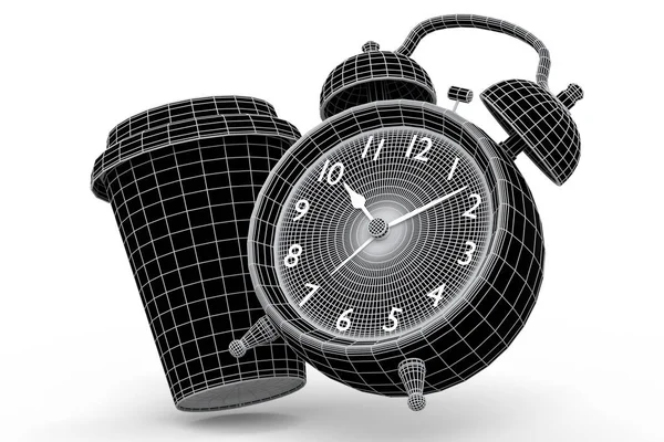 Relógio Despertador Vintage Com Xícara Café Papel Fundo Verde Renderizar — Fotografia de Stock