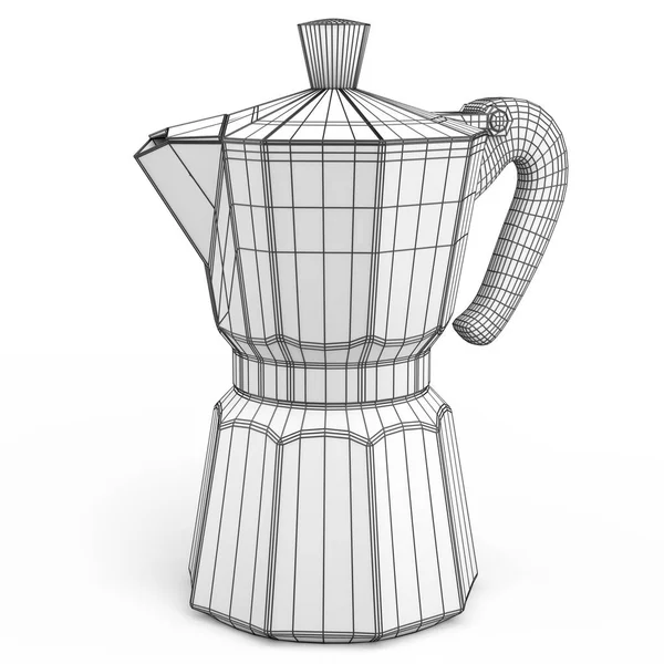 意大利间歇泉咖啡制造商A Moka和白色背景 可见和无形线条层的3D渲染概念是分开的 线框风格 — 图库照片