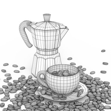 İtalyan gayzer kahve makinesi a la moka ve beyaz arka planda seramik kahve fincanı. Görünür ve görünmez çizgilerin katmanlarının 3d oluşturma konsepti ayrılır, kablo biçimi