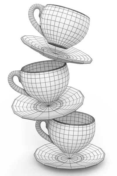 カプチーノ アメリカーノ エスプレッソ ラテンホワイトの背景のためのセラミックコーヒーカップのセット 可視線と非表示線のレイヤーの3Dレンダリングコンセプトが分離され ワイヤフレームスタイル — ストック写真