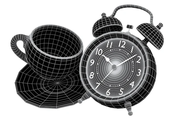 Relógio Despertador Vintage Com Xícara Café Cerâmica Fundo Verde Renderizar — Fotografia de Stock