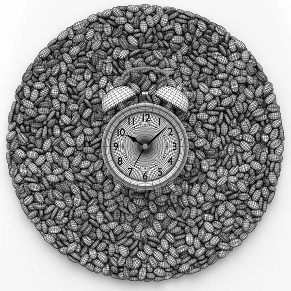 Vintage Ξυπνητήρι Ψητά Φασόλια Καφέ Απλωμένα Λευκό Φόντο Καθιστούν Την — Φωτογραφία Αρχείου