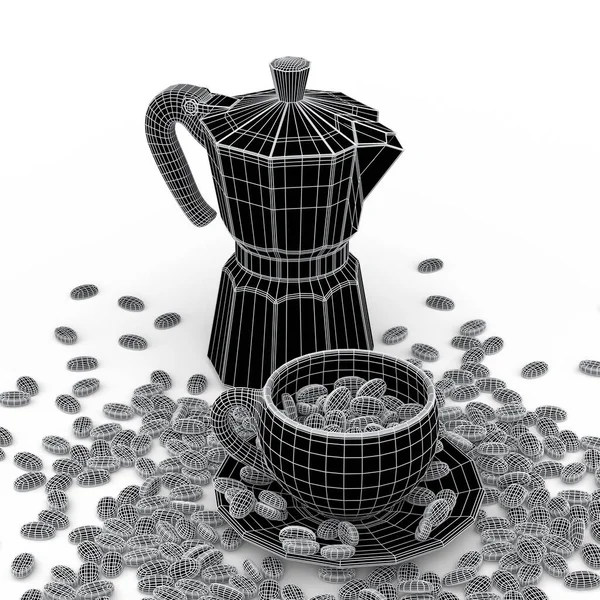 Italienische Geysir Kaffeemaschine Mokka Und Keramik Kaffeetasse Auf Weißem Hintergrund — Stockfoto