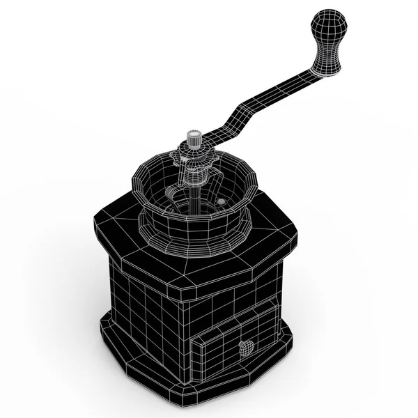 手工木制咖啡机 背景为白色咖啡豆 可见和无形线条层的3D渲染概念是分开的 线框风格 — 图库照片