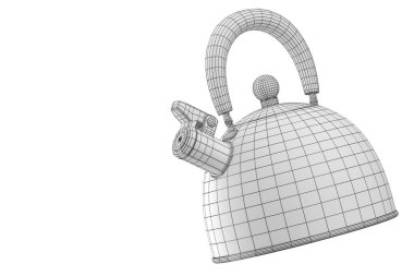 Beyaz arka planda ıslık çalan soba ısıtıcısı. Görünür ve görünmez çizgilerin katmanlarının 3d oluşturma konsepti ayrılır, kablo biçimi