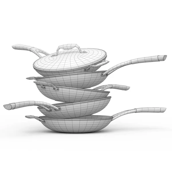 一套不锈钢炖锅 平底锅和镀铬炊具 白色背景隔离 可见和无形线条层的3D渲染概念是分开的 线框风格 — 图库照片