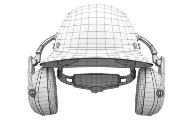 Beyaz arka planda izole edilmiş güvenlik kaskı ya da kasket ve kulaklık. Görünür ve görünmez çizgilerin katmanlarının 3d oluşturma konsepti ayrılır, kablo biçimi