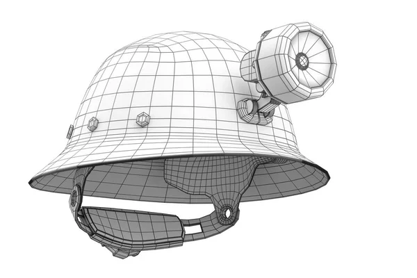 Safety helmet or hard cap with flashlight and earphones muffs isolated on white background. 3d render concept of layers of visible and invisible lines are separated, wireframe style