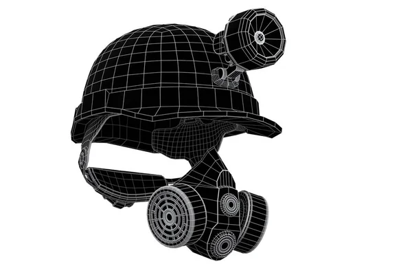 Safety helmet or hard cap and earphones muffs isolated on white background. 3d render concept of layers of visible and invisible lines are separated, wireframe style
