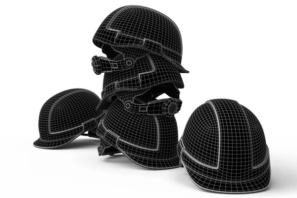Set of safety helmet or hard cap isolated on white background. 3d render concept of layers of visible and invisible lines are separated, wireframe style