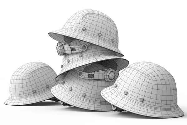 Set of safety helmet or hard cap isolated on white background. 3d render concept of layers of visible and invisible lines are separated, wireframe style