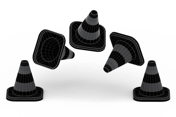 Set of traffic cones for under construction road work isolated on white background. 3d render concept of layers of visible and invisible lines are separated, wireframe style