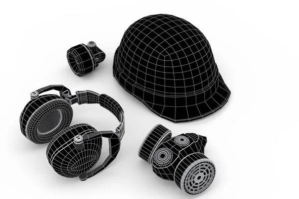 Safety helmet or hard cap, respirator and earphones muffs isolated on white background. 3d render concept of layers of visible and invisible lines are separated, wireframe style