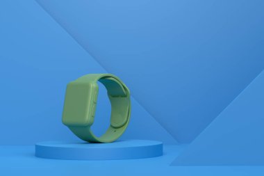 Monokrom arka planında akıllı saat veya fitness izleyicisi olan soyut sahne ya da podyum. Ürün sunumu için 3d görüntü oluşturma veya sahnede, kaidede veya platformda kozmetik ürünü gösterme