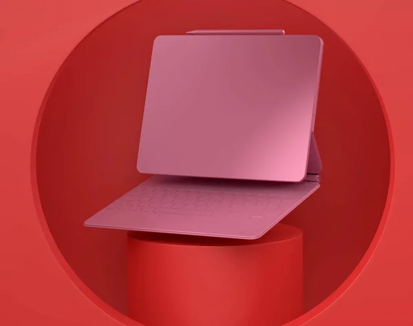 Streszczenie Sceny Lub Podium Tabletem Komputerowym Klawiaturą Monochromatycznym Tle Renderowanie — Zdjęcie stockowe