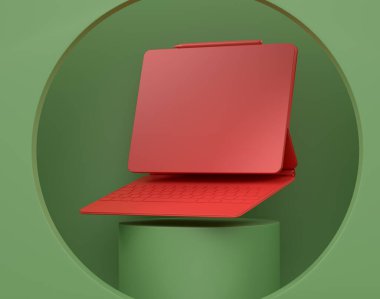 Monokrom arka planda klavyeli bilgisayar tabletli soyut sahne ya da podyum. Ürün sunumu için sahne hazırlama 3d Kişisel aksesuar ürünü sahnede, kaidede veya platformda
