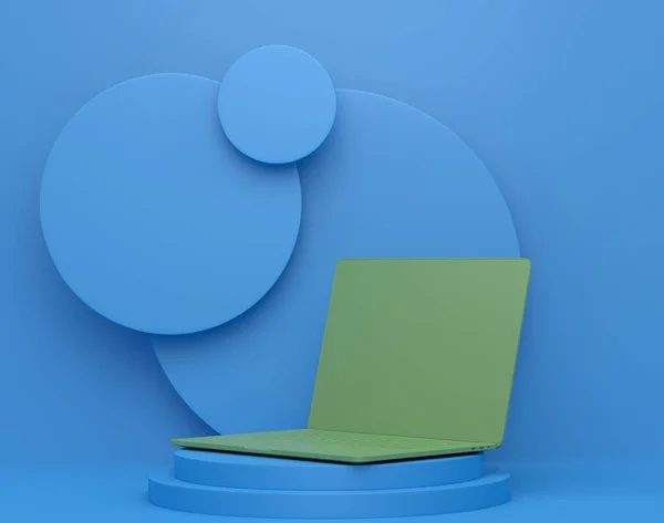 モノクロの背景に空の白い画面を持つノートパソコンと抽象シーンや表彰台 ステージ 台座またはプラットフォーム上の製品プレゼンテーション個人用アクセサリー製品のシーンの3Dレンダリング — ストック写真