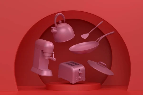 Абстрактная Сцена Трибуна Кухонной Техникой Посудой Монохромном Фоне Визуализация Сцены — стоковое фото