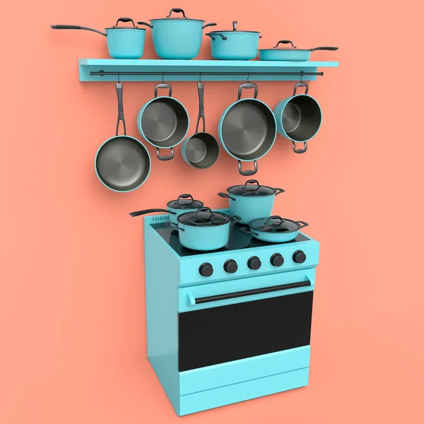 Set Kitchen Utensil Stewpot Frying Pan Chrome Cookware Hanging Shelf — Stock Photo, Image
