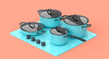 Elektrikli ya da gaz ocağının üzerinde cam kapaklı tava ve güveç, turuncu arka planda yanan alevler. Yemek hazırlamak için 3D fırın ve mutfakta tencere ve su ısıtıcısı.