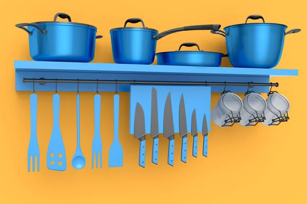 Set Kitchen Utensil Knives Stewpot Frying Pan Chrome Cookware Hanging — Stock Photo, Image