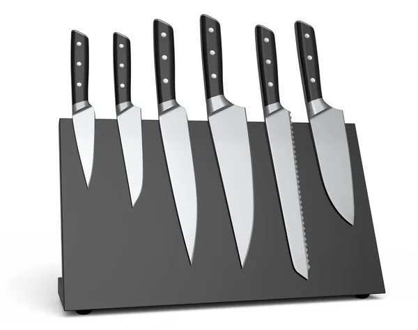 Sada Kuchařských Kuchyňských Nožů Kuchyňského Nádobí Polici Bílém Pozadí Proces — Stock fotografie