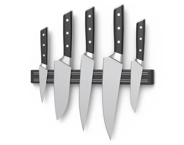 Набір Кухонних Ножів Шеф Кухаря Кухонного Посуду Висить Полиці Білому — стокове фото