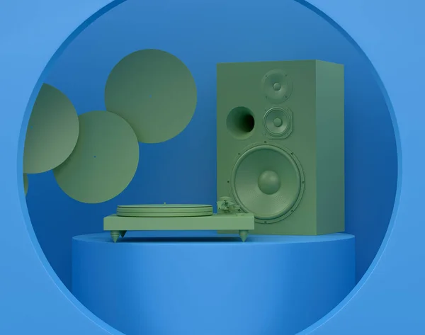 Abstraktní Scéna Nebo Pódium Reproduktory Gramofonem Vinylovým Záznamem Černobílém Pozadí — Stock fotografie